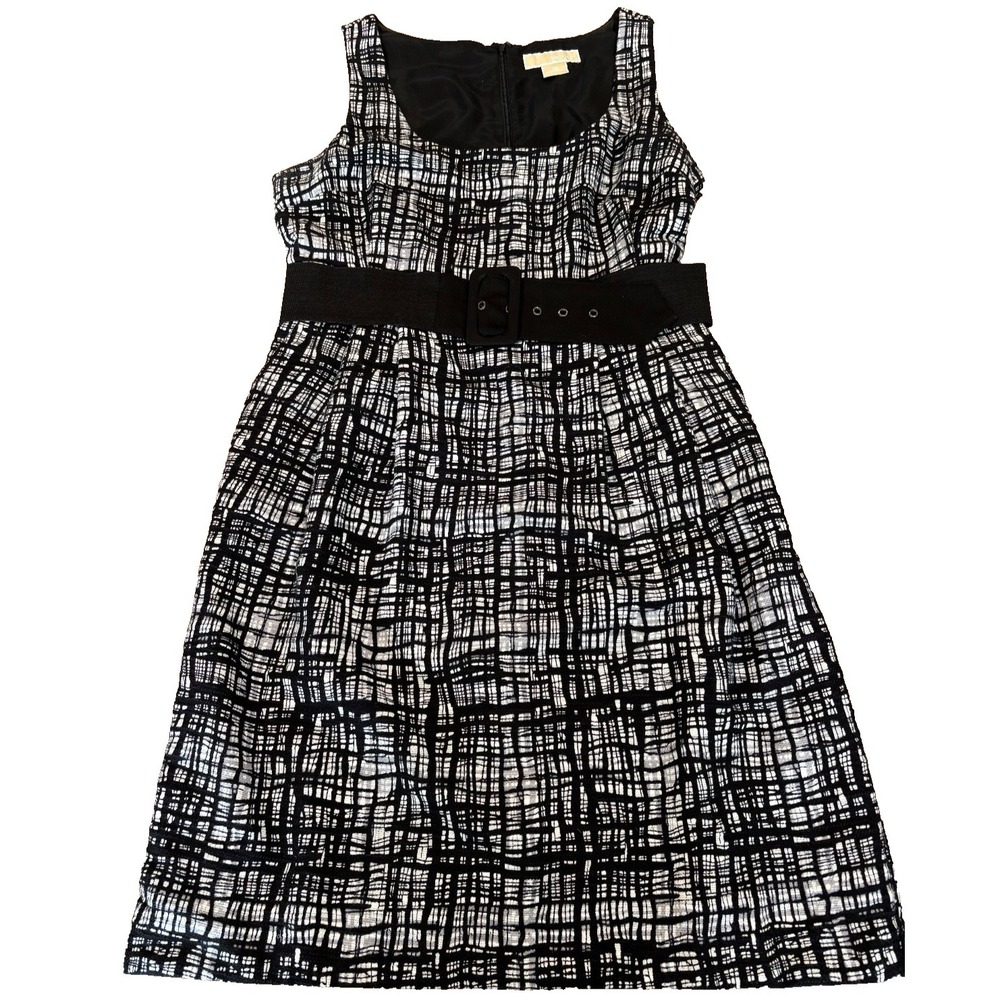 Y2K vtg Michael Kors womens' dress sz 12 black and white belted textured cotton